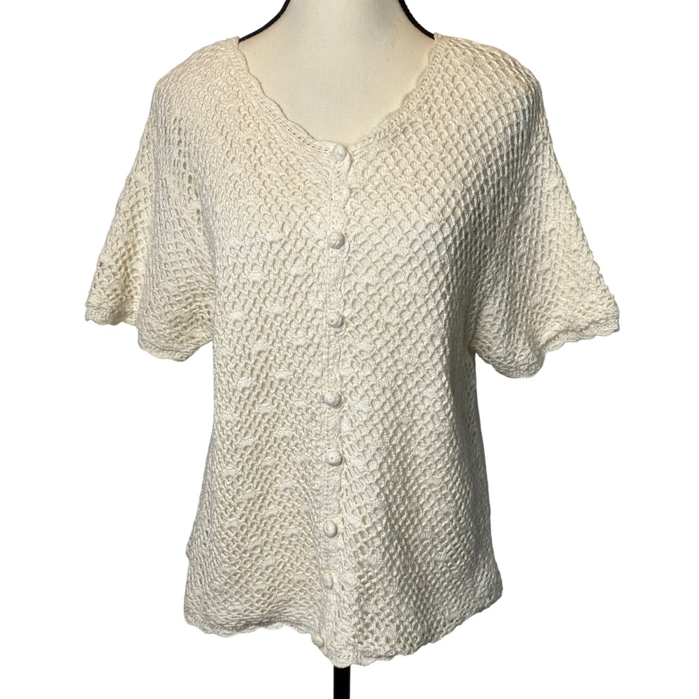 Vintage Segue Crochet Top Womens Large Cream Ramie Cotton Blouse Cottage Grandma